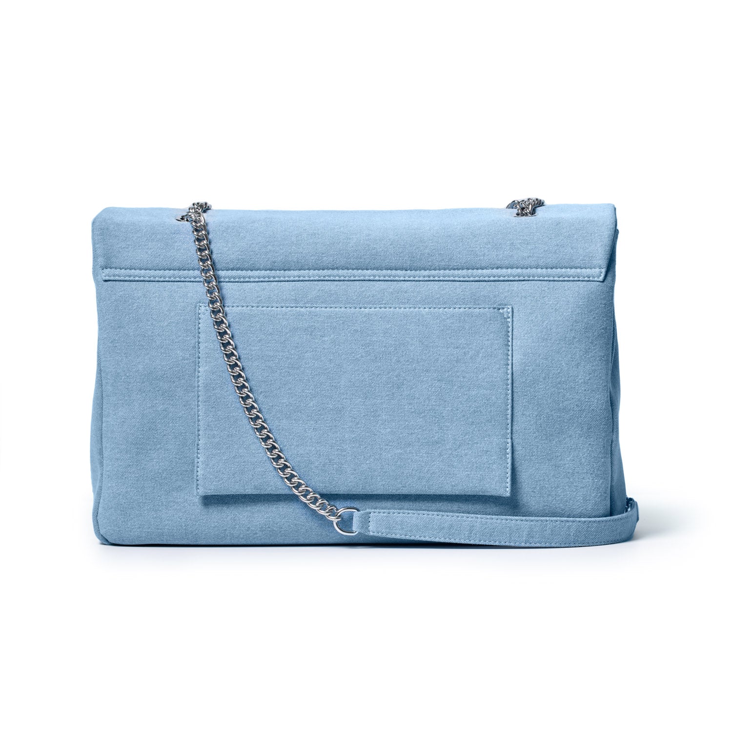 Large denim silver flap bag with a chain strap, front pocket, and minimalist design.