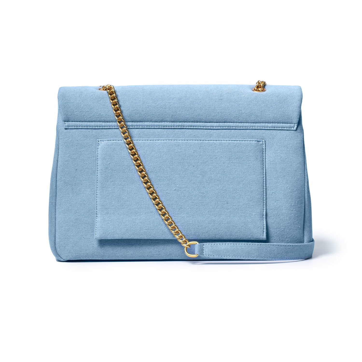 Light blue XL denim flap bag with a gold chain strap and front pocket, stylish and spacious for everyday use.