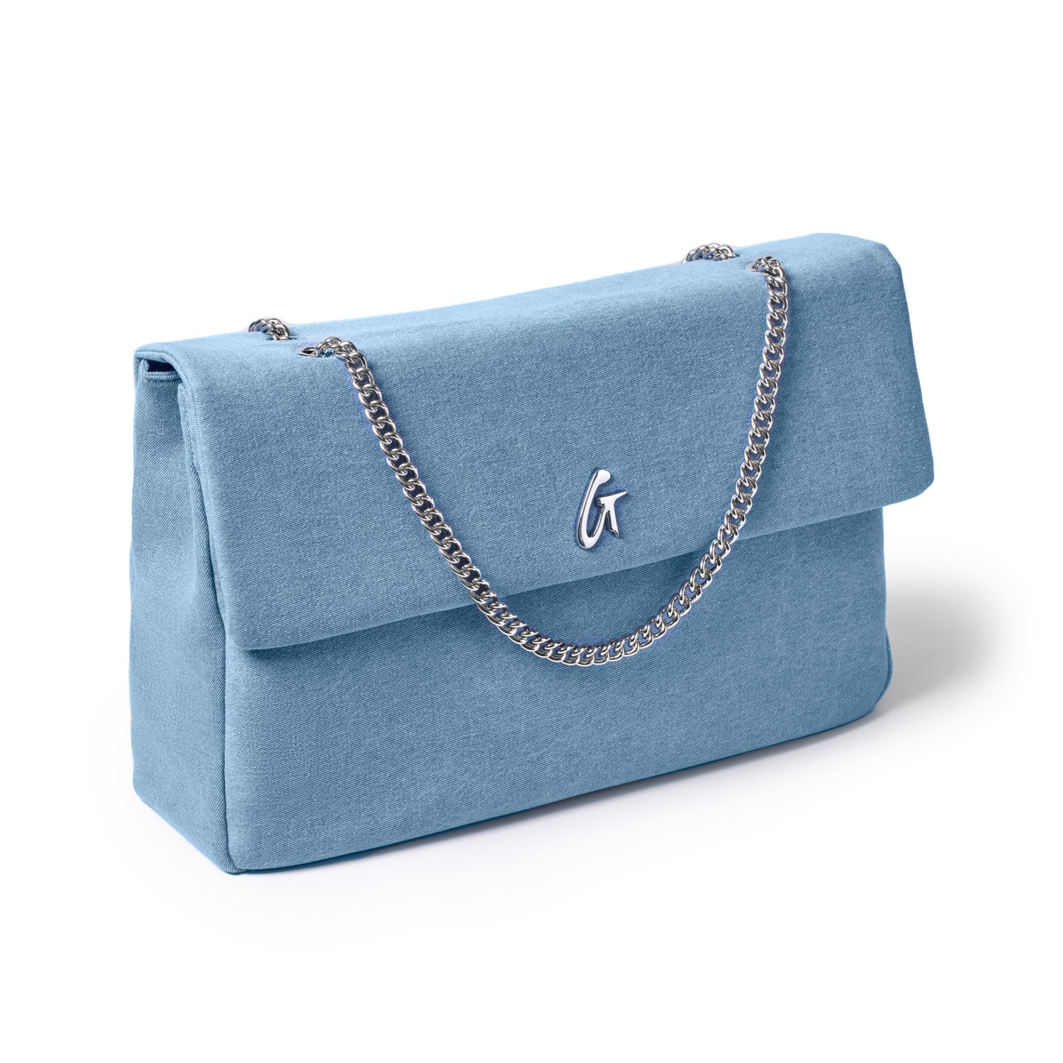 Large denim silver flap bag with a chain strap and a metallic logo on the front.