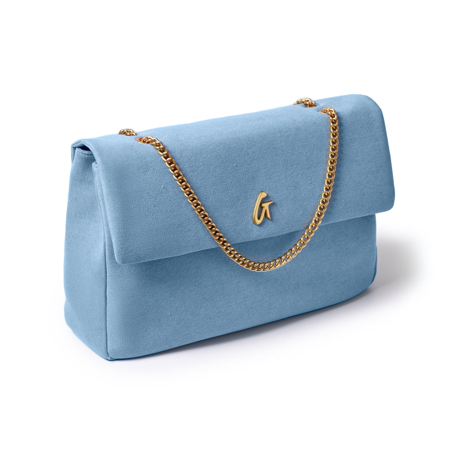 Light blue XL denim flap bag with a gold chain strap and a gold "G" logo on the front.