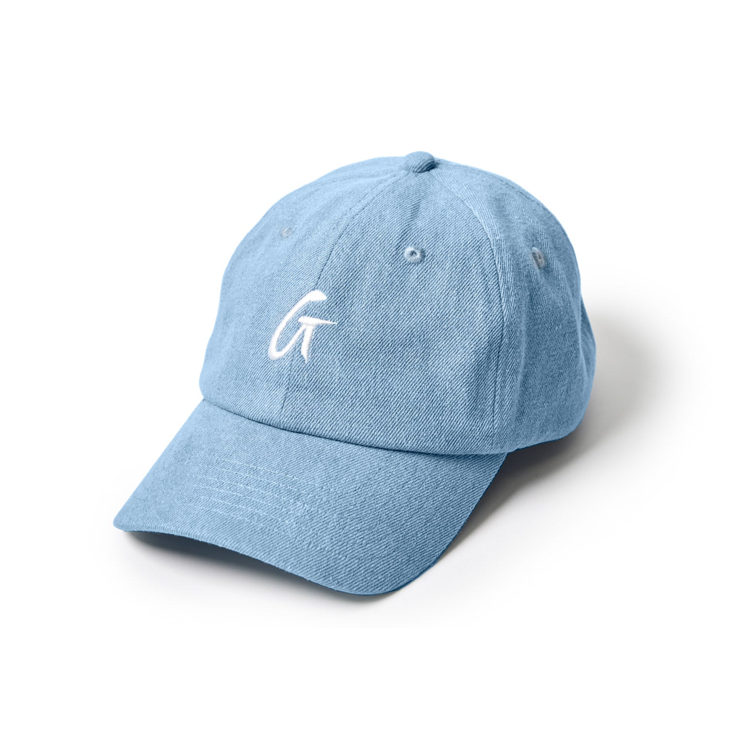Light blue denim dad hat with a curved brim and white embroidered logo on the front, featuring a casual, relaxed style.
