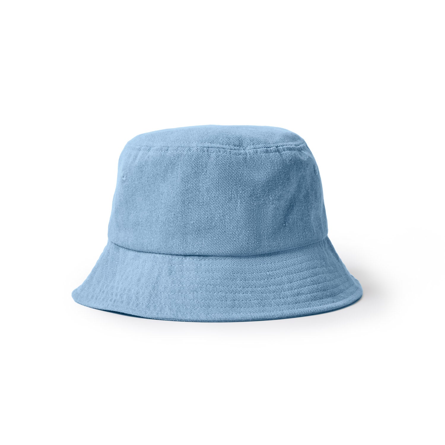 Light blue denim bucket hat with a wide brim and stitched details, perfect for casual summer style.