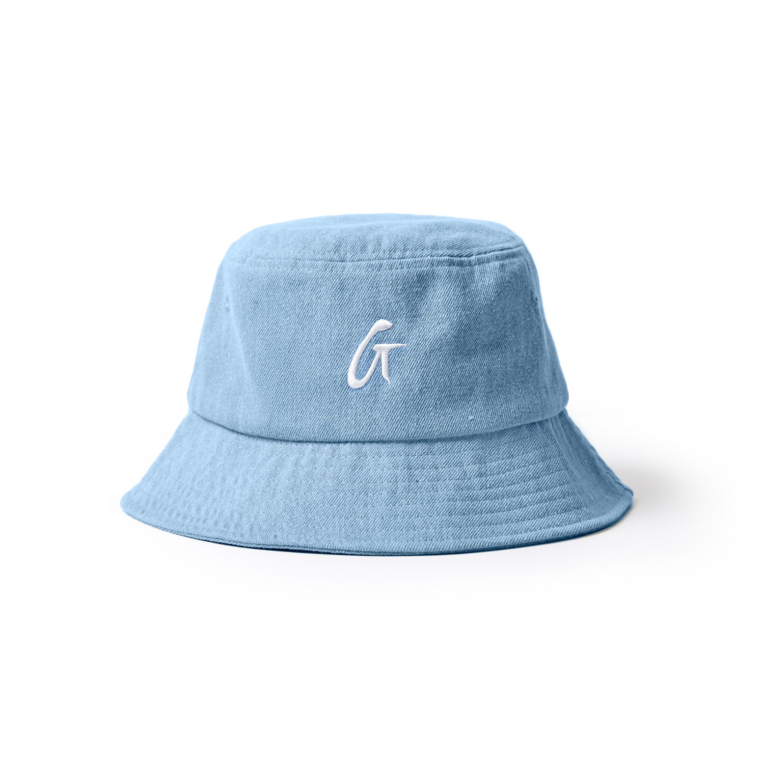 Light blue denim bucket hat with a white embroidered "G" logo on the front, featuring a wide brim and casual style.