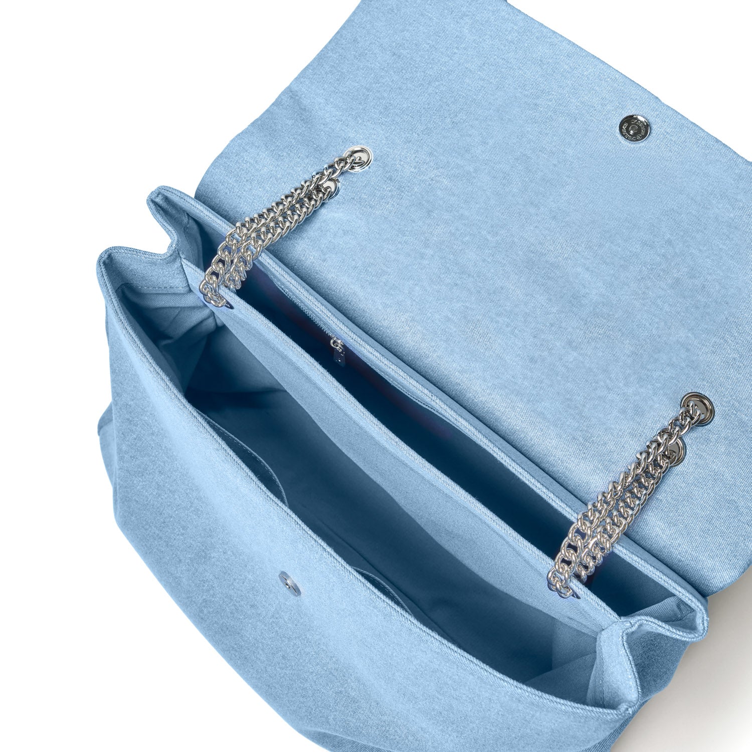Light blue denim XL flap bag with silver chain straps and interior compartments, stylish and spacious for everyday use.