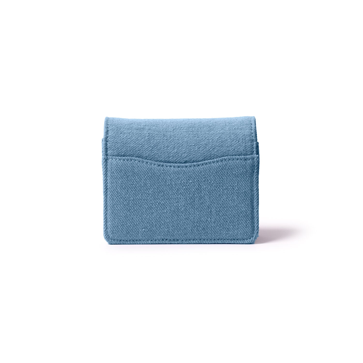 Mini denim gold WOC wallet in light blue with a textured fabric finish, compact design, and subtle stitching details.