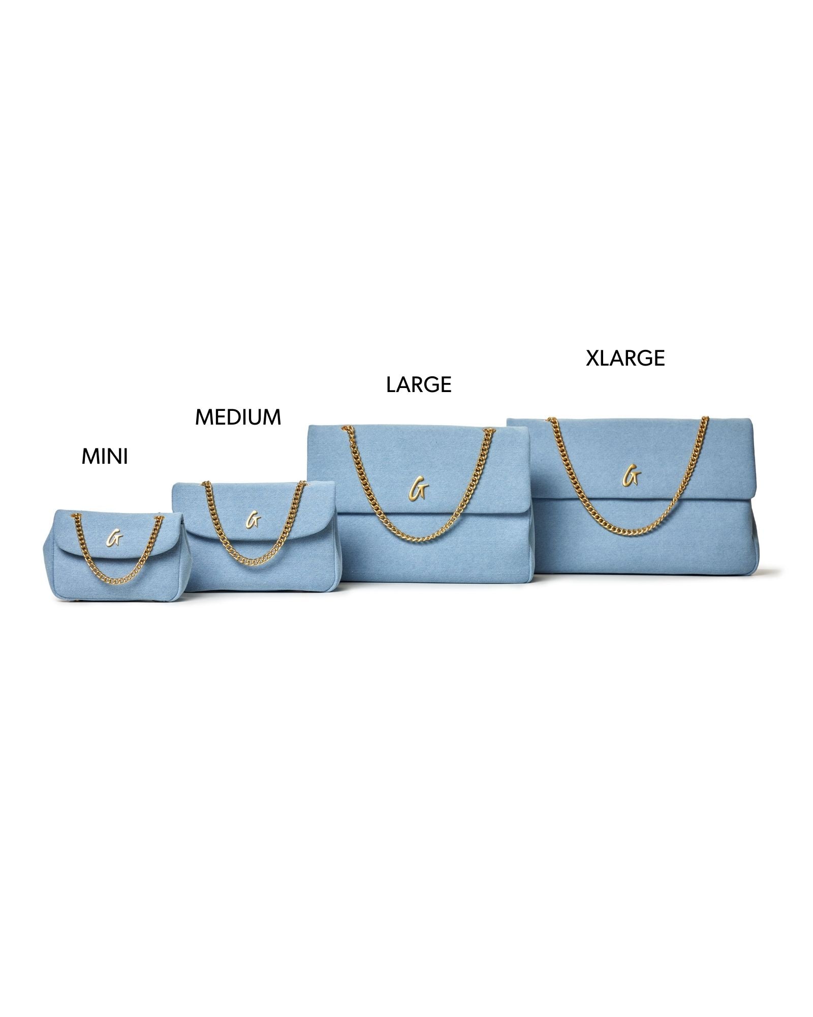 XL Denim Gold Flap Bag in light blue with a gold chain strap, displayed alongside mini, medium, and large sizes.