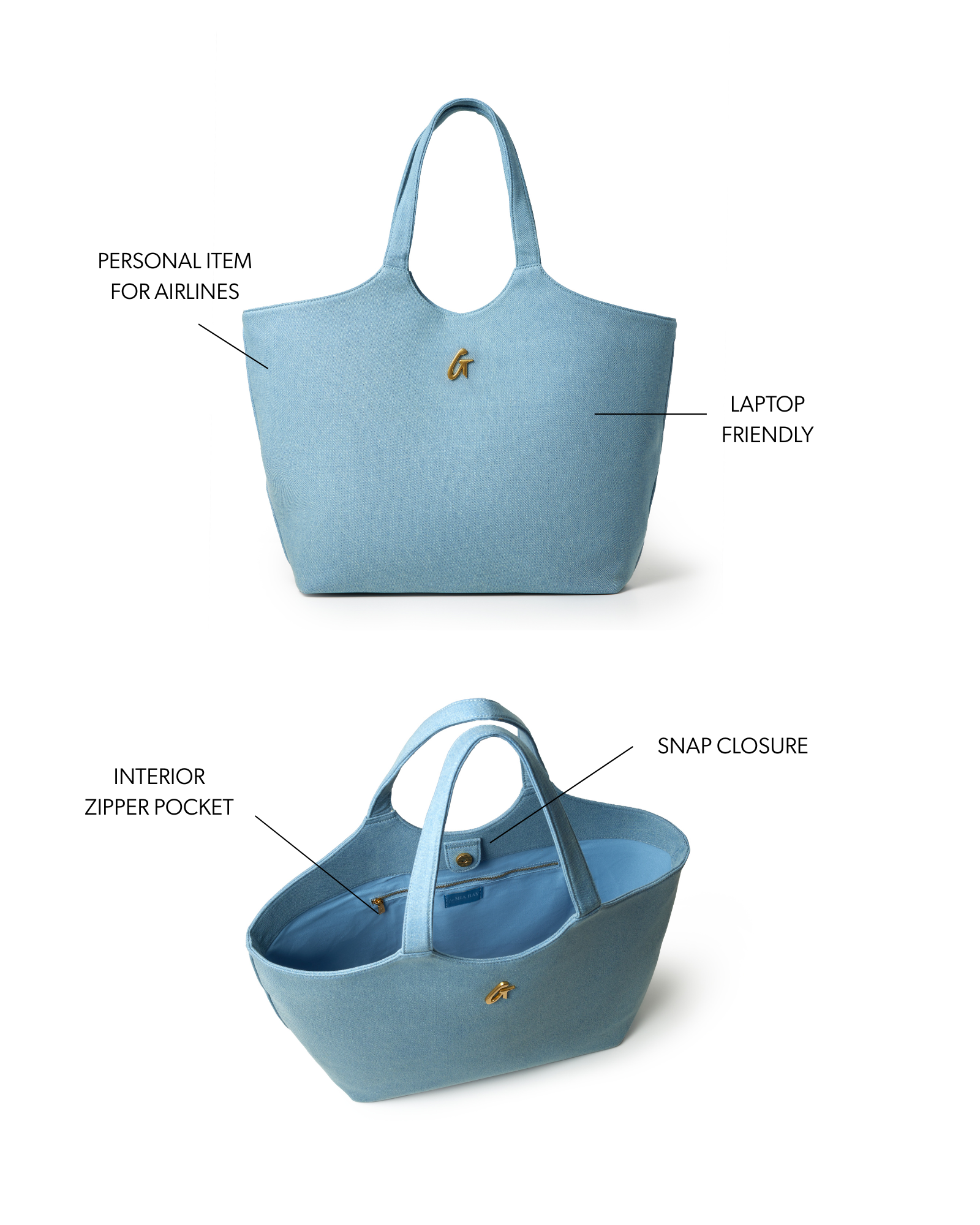Light blue denim maxi tote with snap closure, interior zipper pocket, and airline-friendly design for laptops.