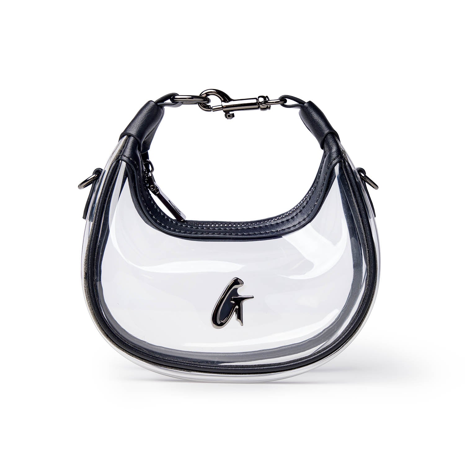 Clear hobo bag with black leather accents and a stylish clasp, perfect for a chic, modern look.