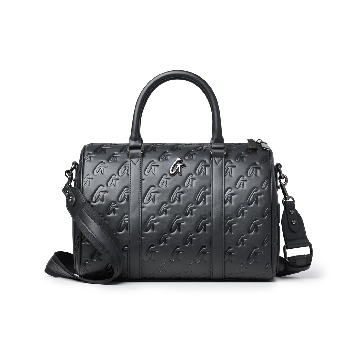 Large black monogram Boston bag featuring a sleek design, dual handles, and a detachable shoulder strap.