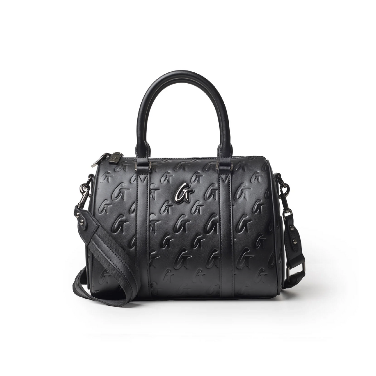 Medium black monogram gal Boston bag featuring embossed logo, dual handles, and detachable shoulder strap.