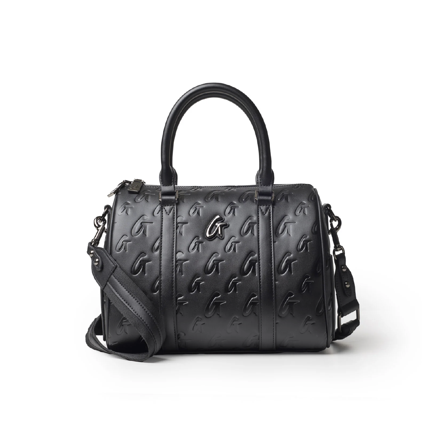 Medium black monogram gal Boston bag featuring embossed logo, dual handles, and detachable shoulder strap.