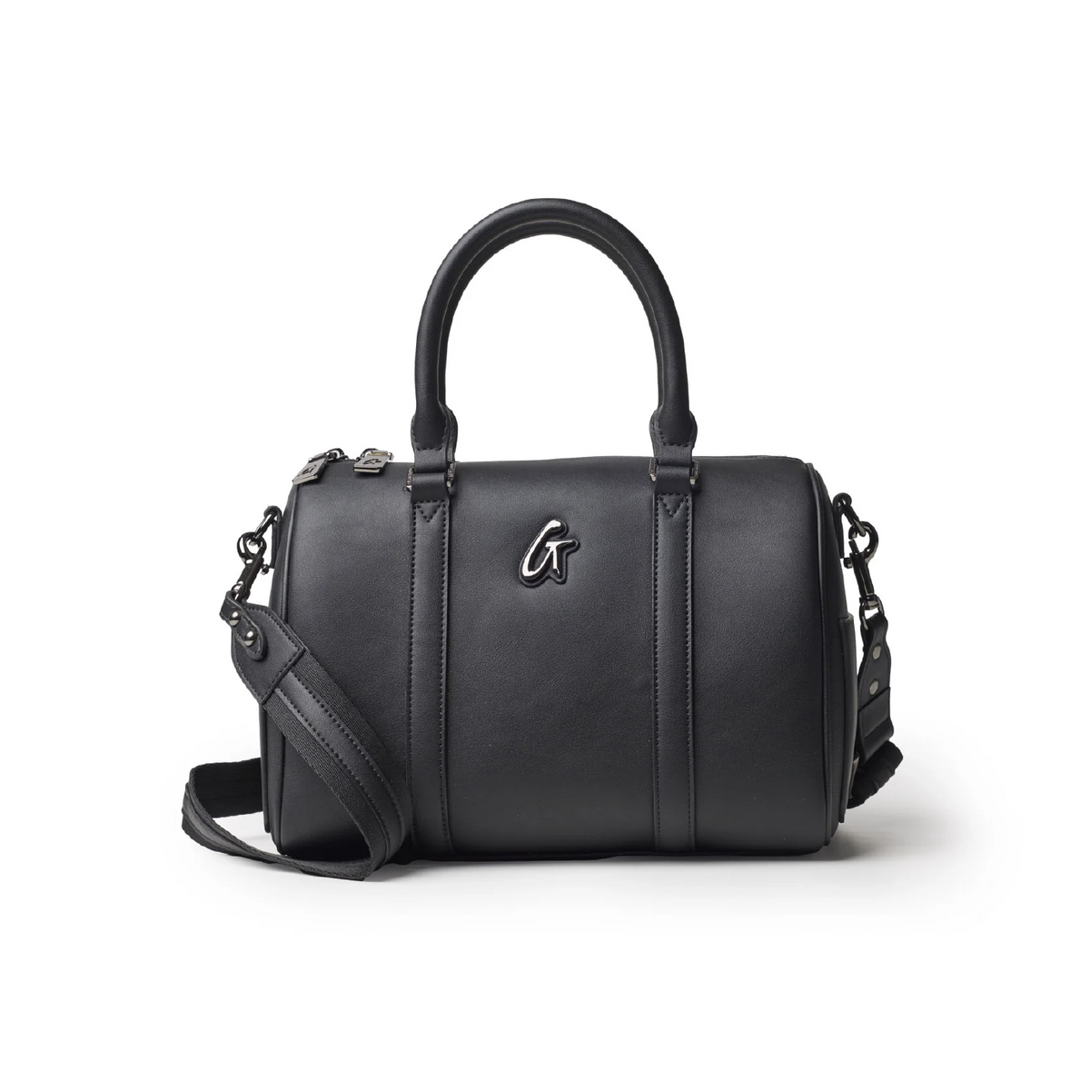 Medium black Boston bag featuring dual handles and a detachable shoulder strap, perfect for stylish everyday use.