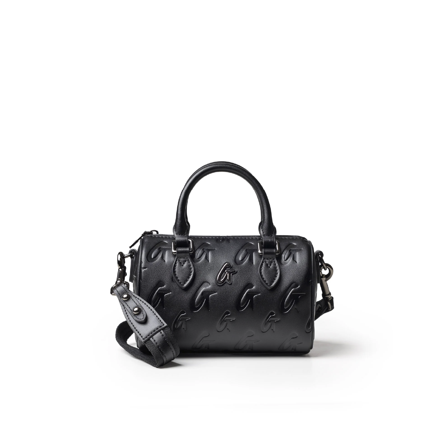 Black Nano Monogram Gal Boston Bag featuring embossed logo, dual handles, and detachable shoulder strap.