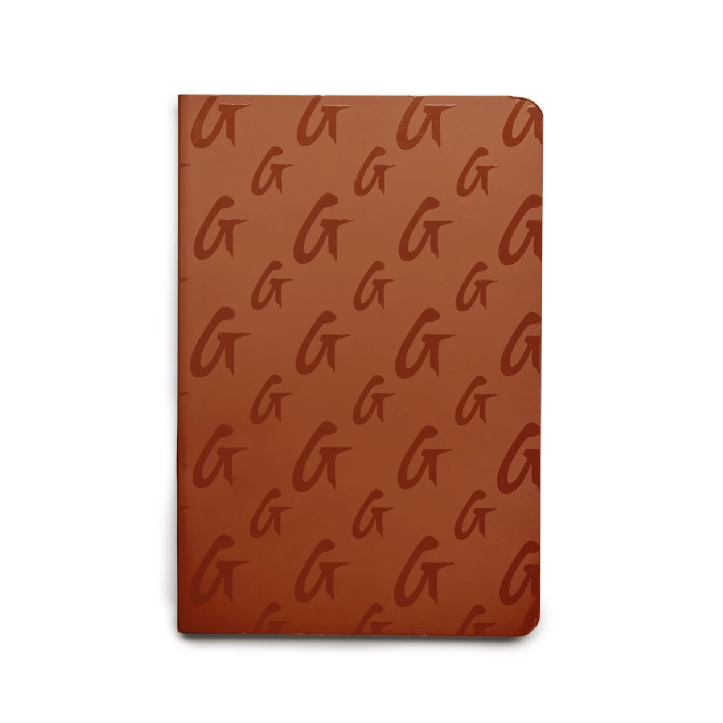 Brown monogram notebook featuring a stylish repeating logo pattern, perfect for elegant note-taking and journaling.