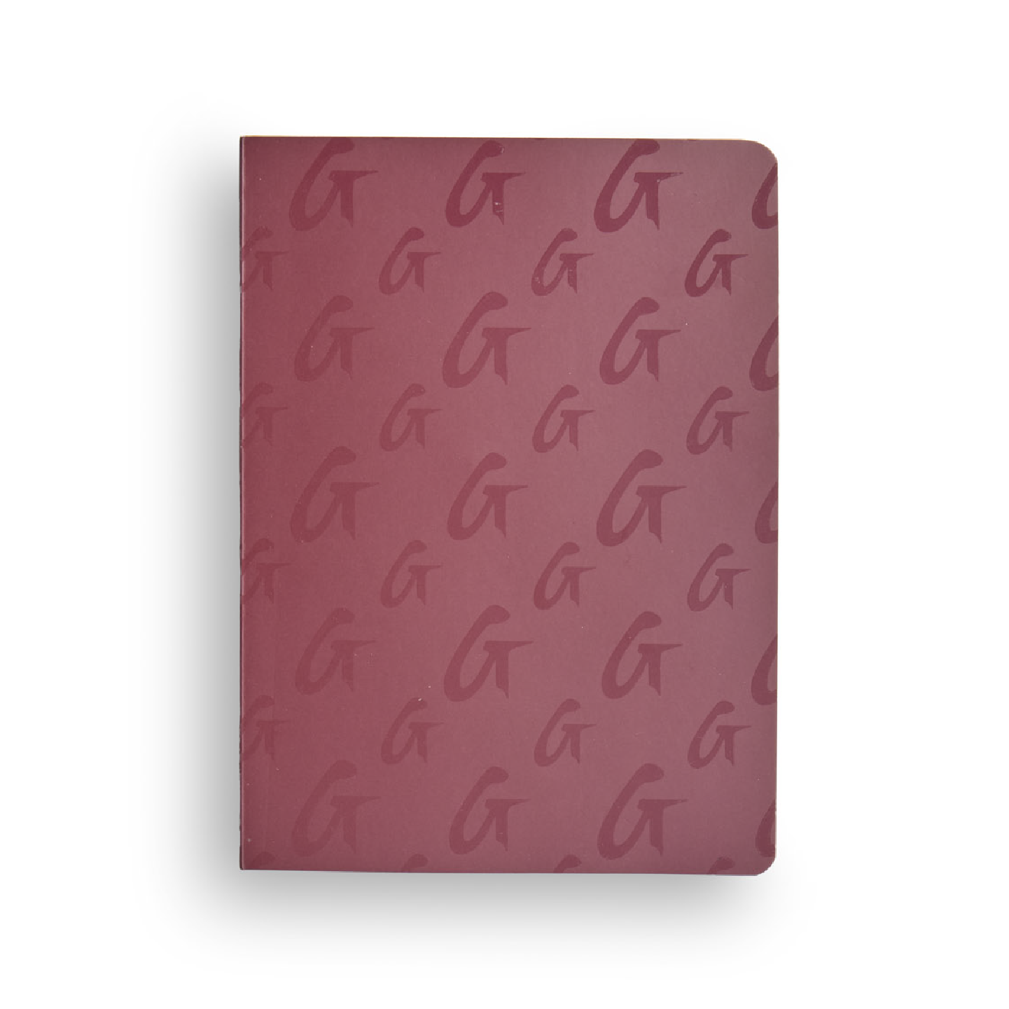 Burgundy monogram notebook featuring a repeating logo pattern, perfect for stylish note-taking.
