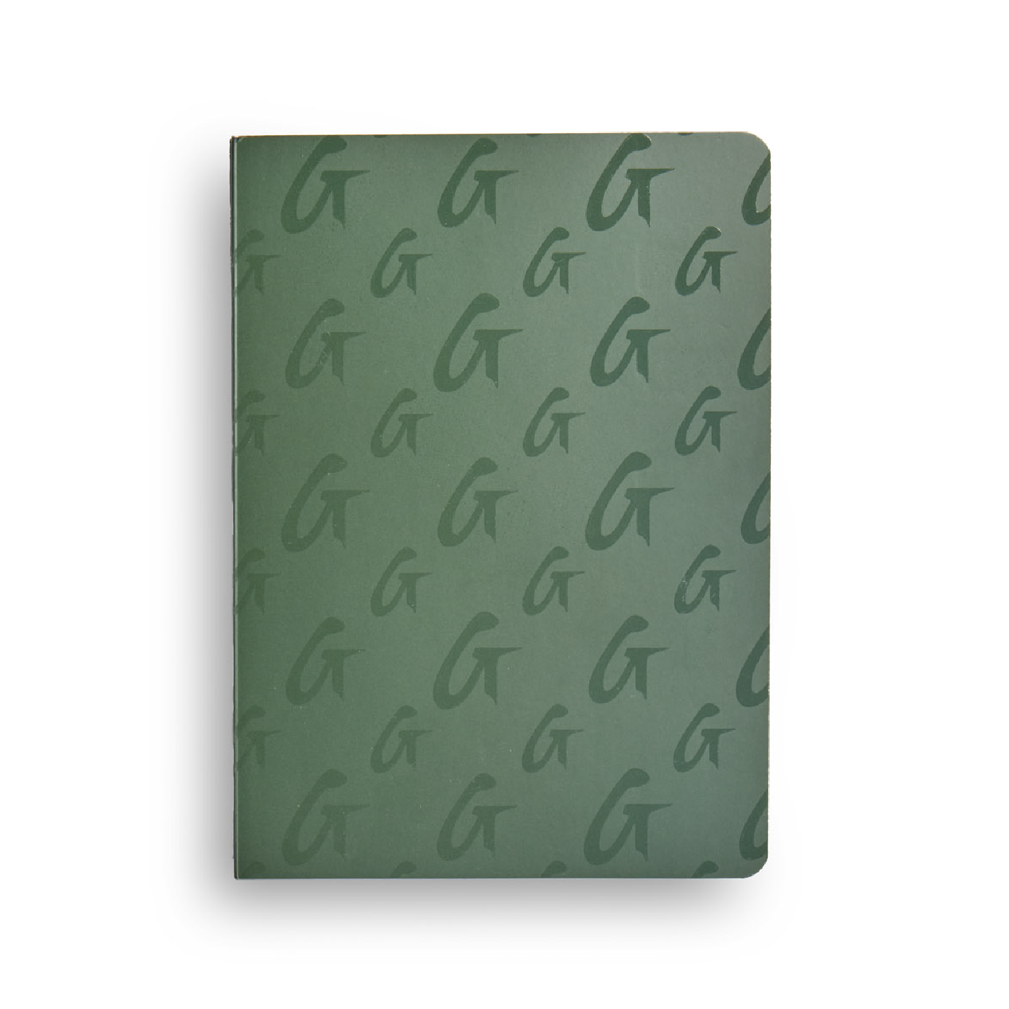 Green monogram notebook featuring a stylish pattern of the letter G, ideal for notes and journaling.