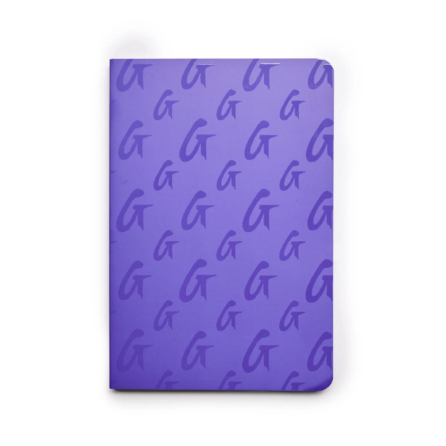 Purple monogram notebook featuring a stylish repeating logo pattern, perfect for notes and journaling.