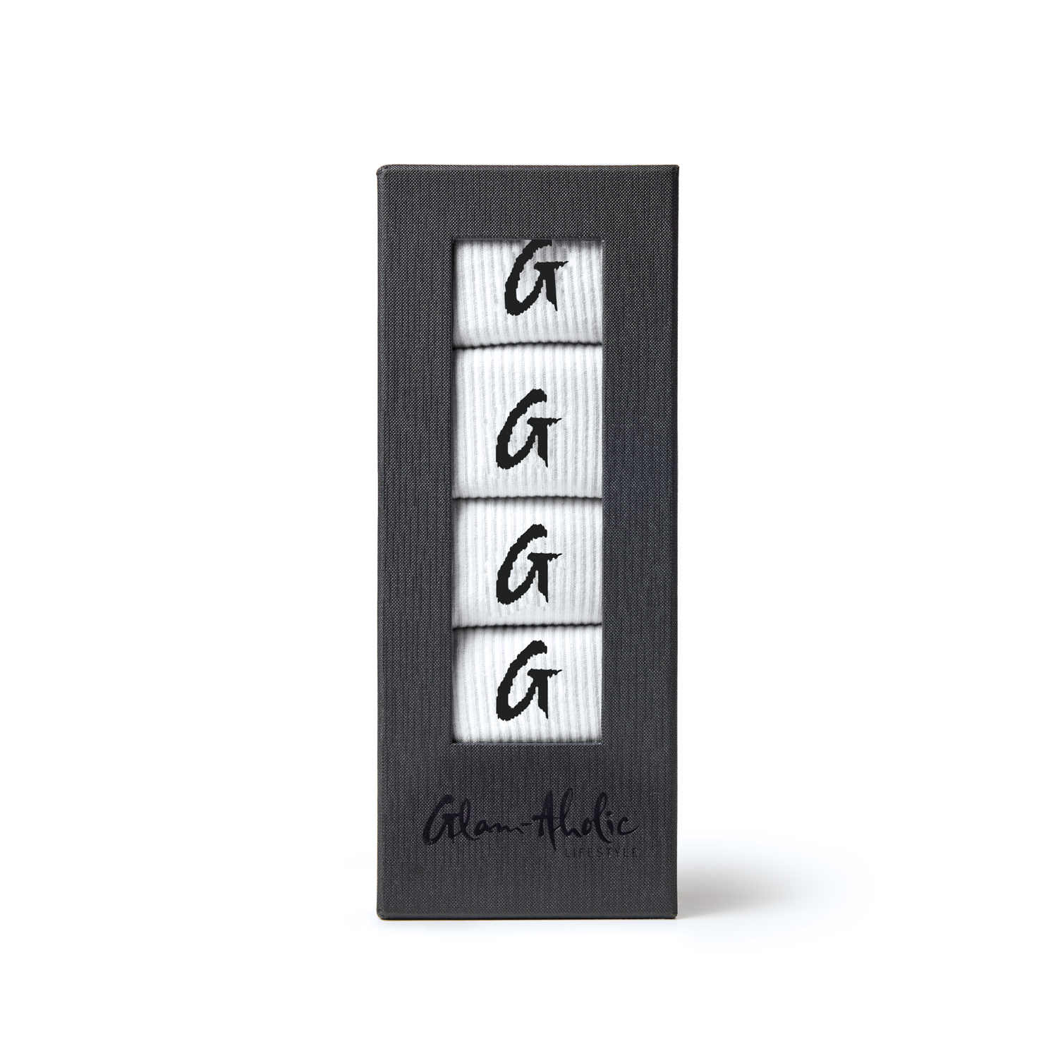 Set of four black crew socks with white stripes and black "G" logo, packaged in a black box with clear window display.
