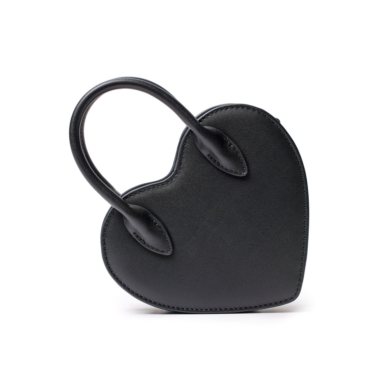 Small black heart-shaped bag with rounded handles, made of smooth leather, designed for stylish everyday use.