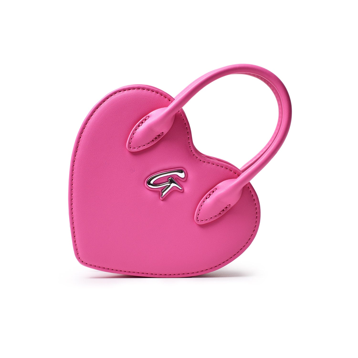 Small pink heart-shaped bag with a silver logo, featuring a curved handle and smooth leather finish.