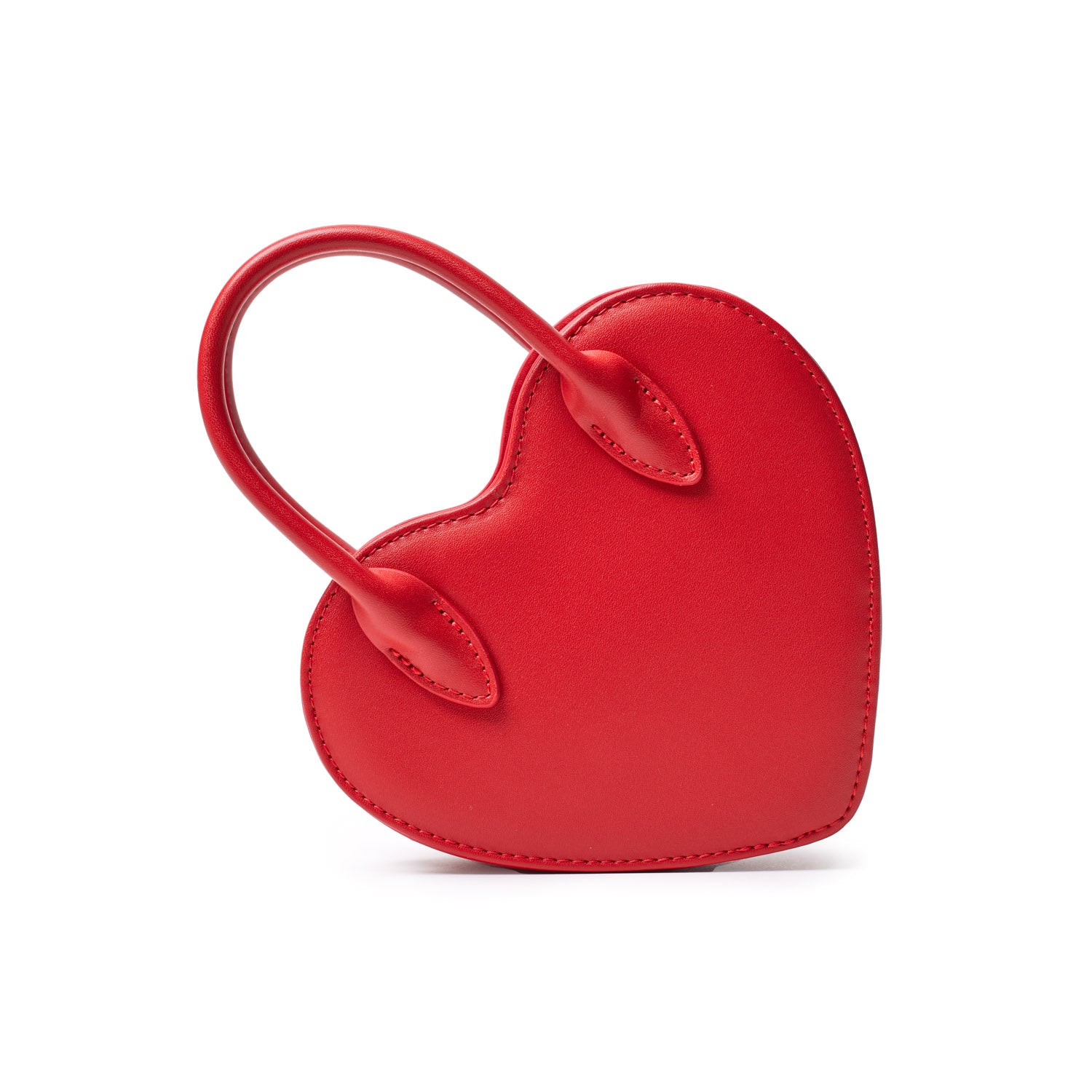 Red mini heart-shaped bag with top handles and stitched edges, designed for stylish small accessories.