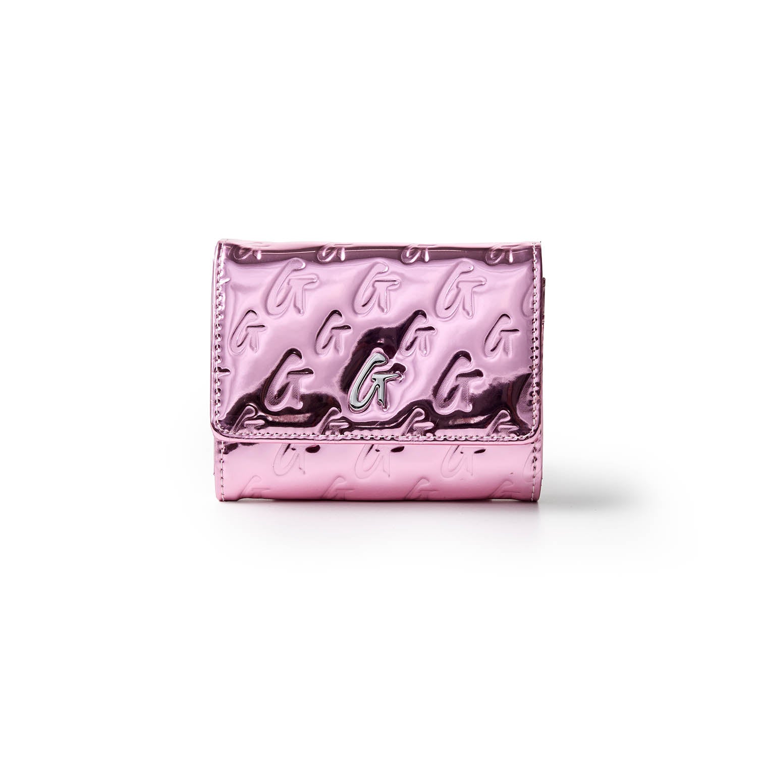 Metallic pink compact wallet with embossed monogram pattern and a silver logo on the front.