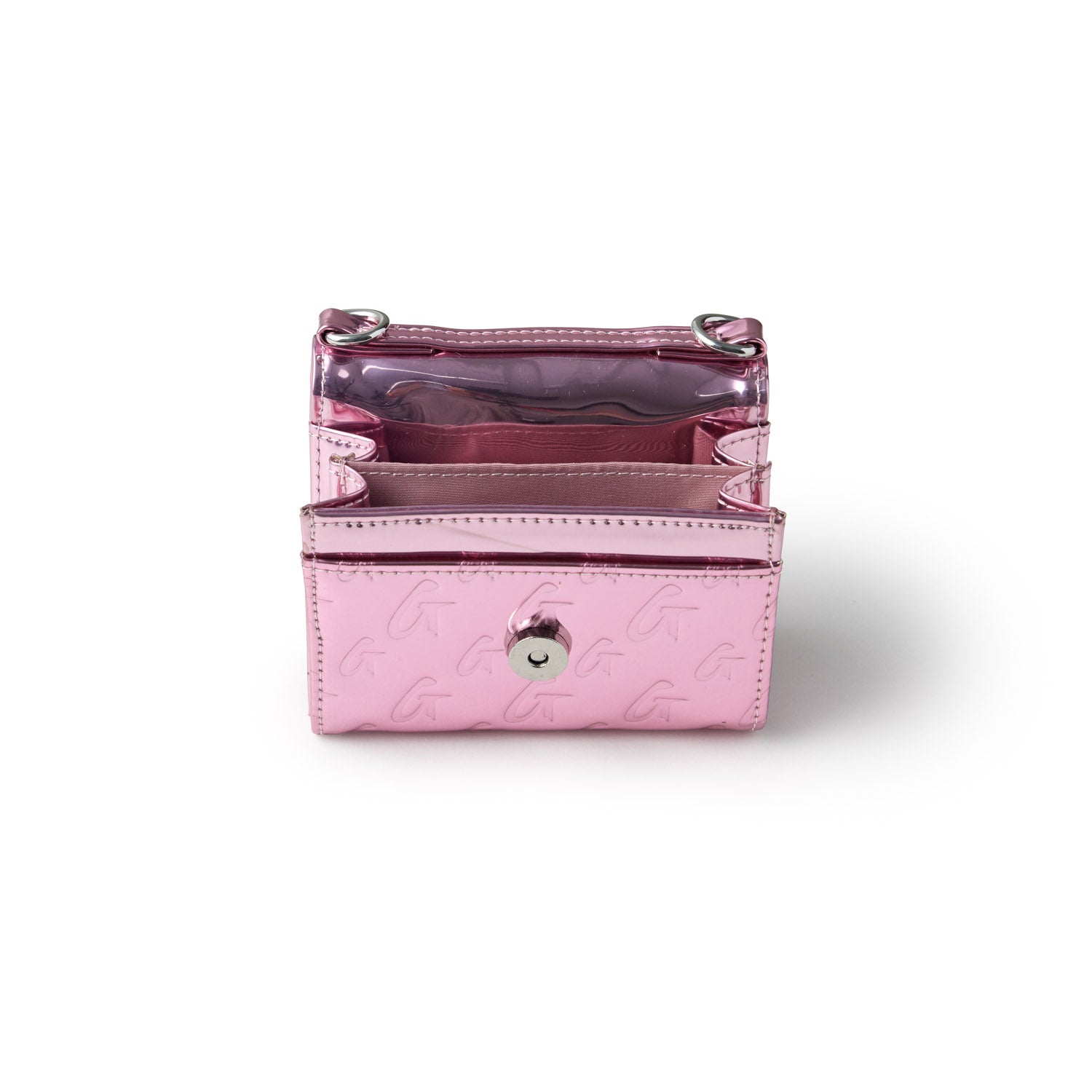 Pink metallic monogram compact wallet with multiple card slots, clear top compartment, and a snap button closure.