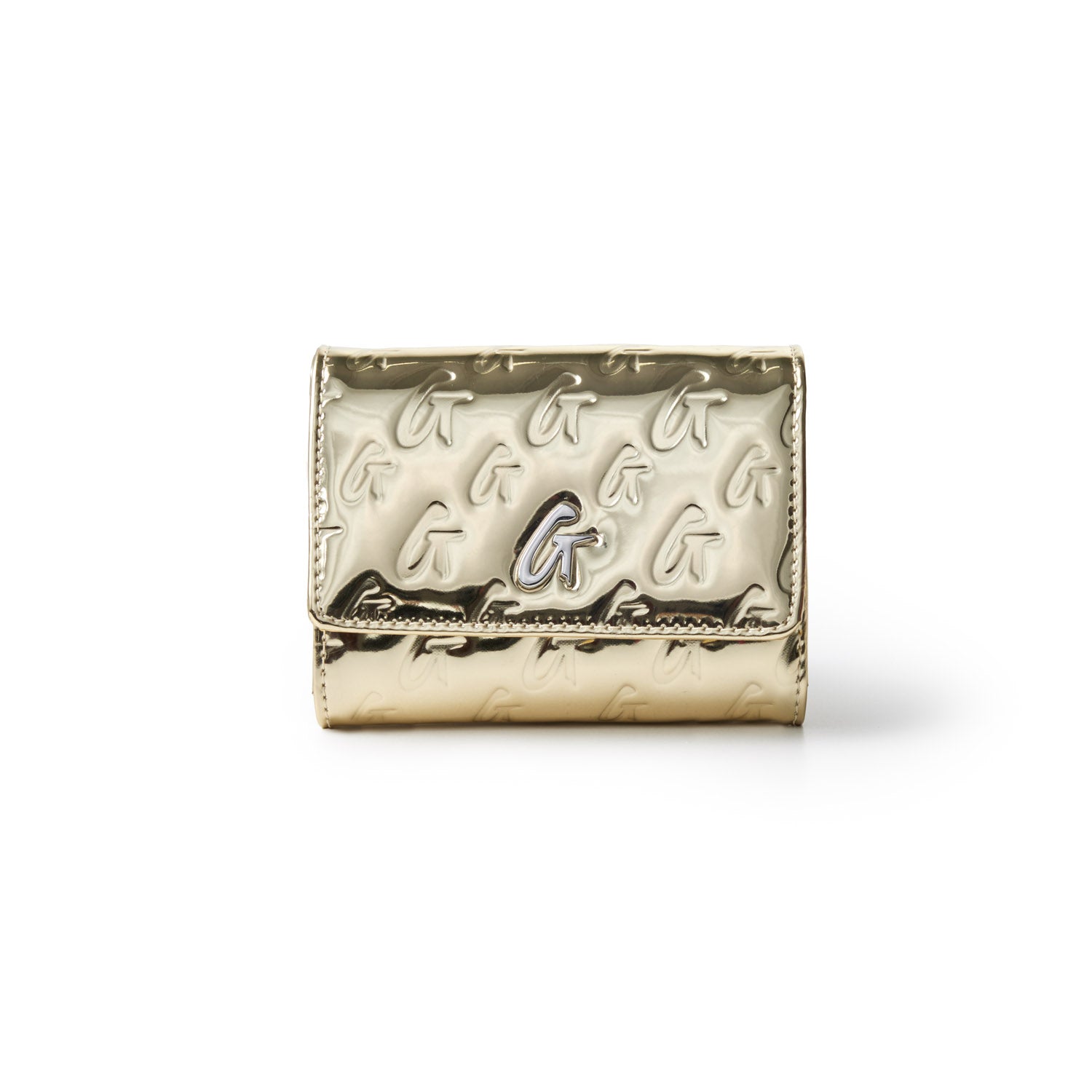 Metallic gold compact wallet with embossed monogram pattern and a central logo detail.