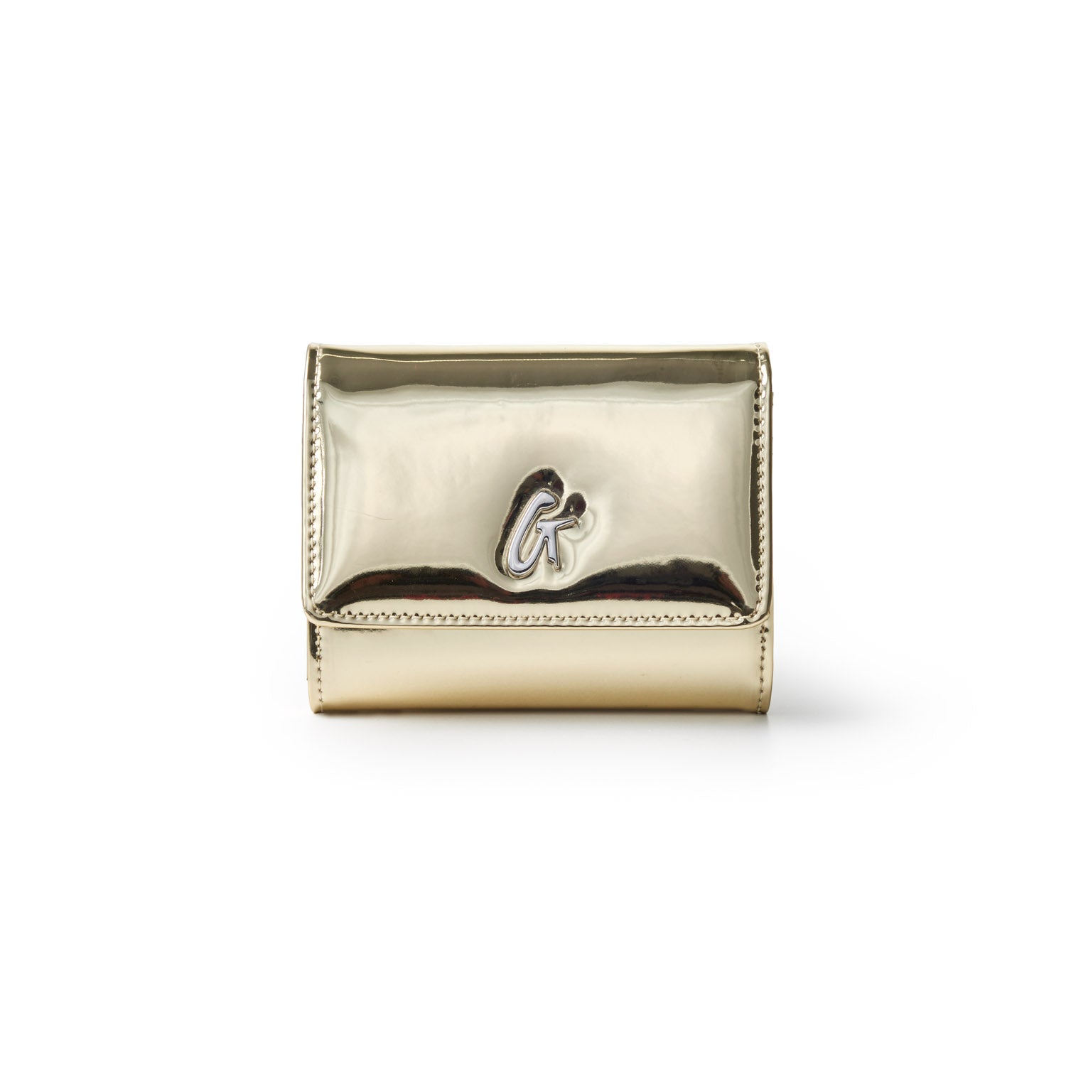 Metallic gold compact wallet with a reflective finish and a small logo emblem on the front.