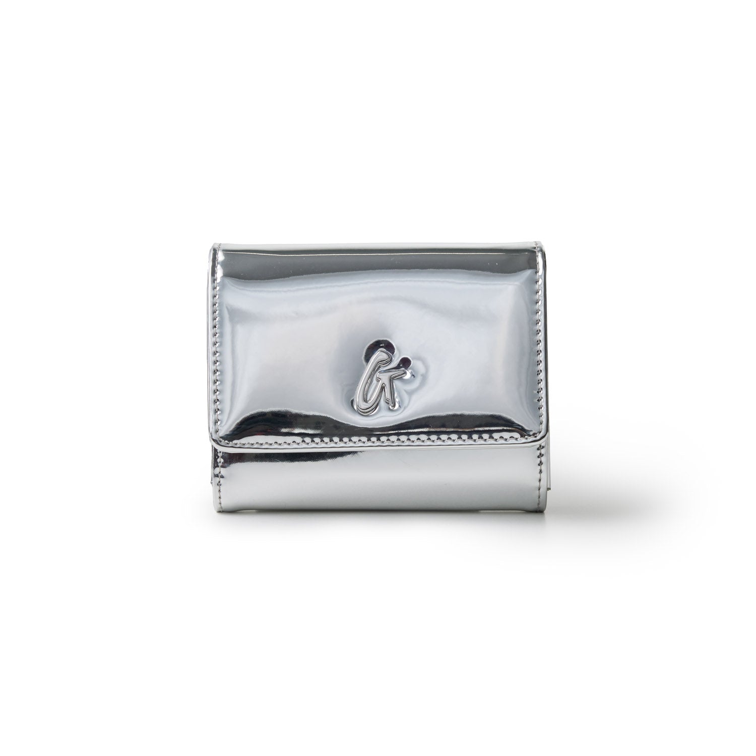 Metallic silver compact wallet with a shiny finish and a small logo emblem on the front.