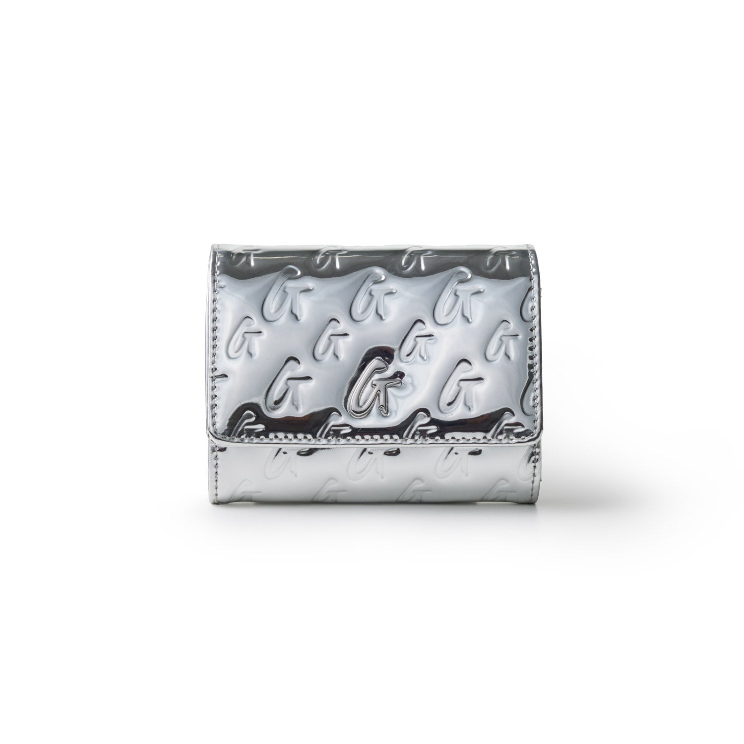 Metallic silver compact wallet with embossed G logo pattern and a flap closure, featuring a sleek, shiny finish.