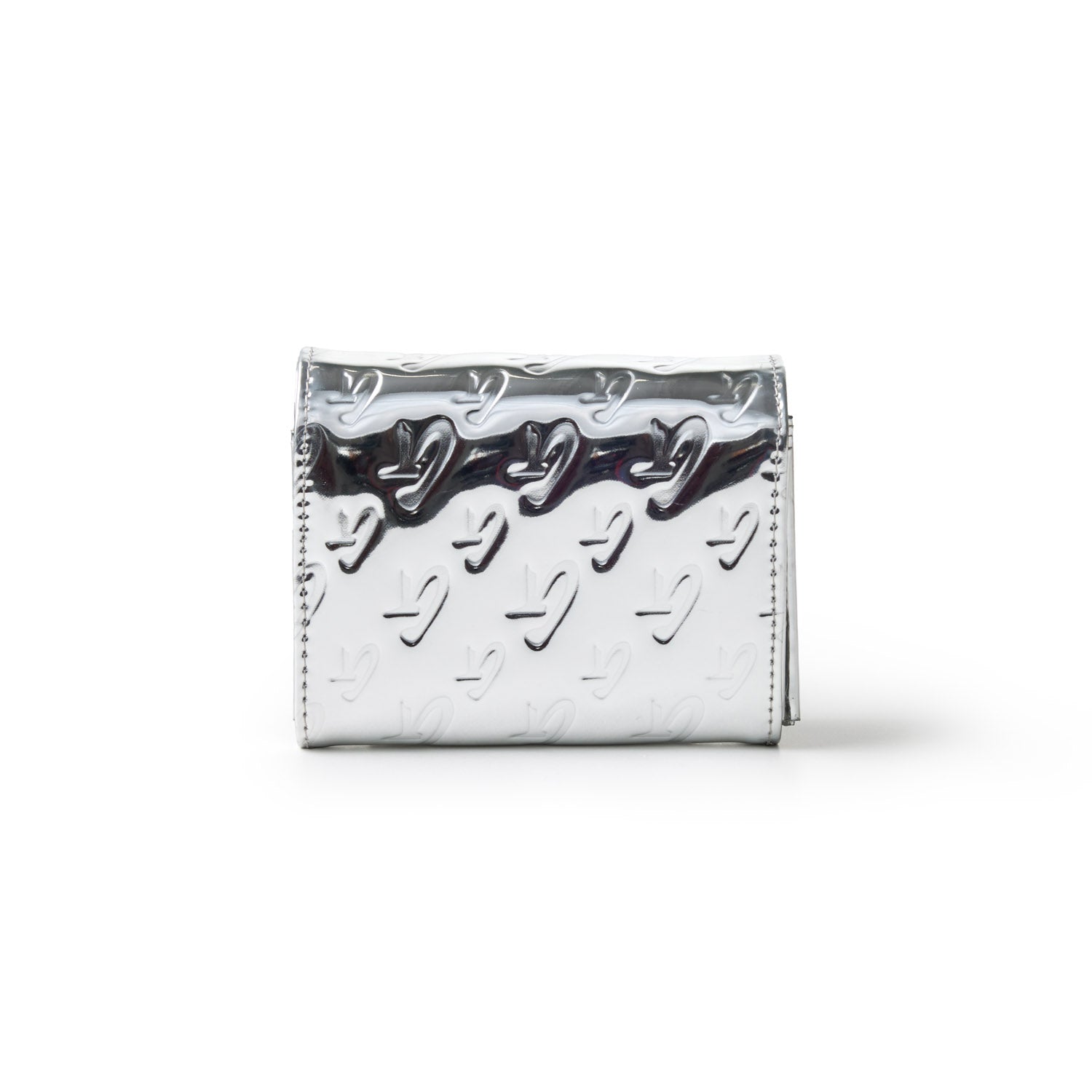 Metallic silver compact wallet with embossed monogram pattern and a shiny, reflective surface.