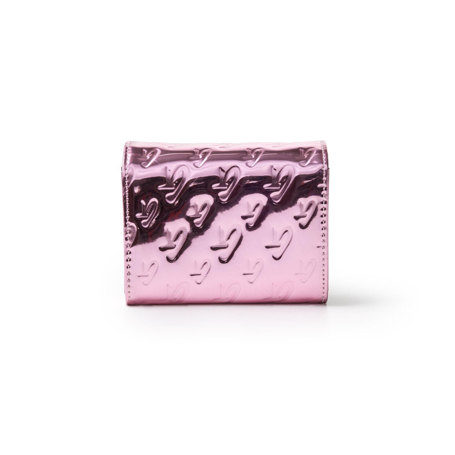 Metallic pink compact wallet with embossed monogram pattern and glossy finish, designed by Glam-Aholic Lifestyle.