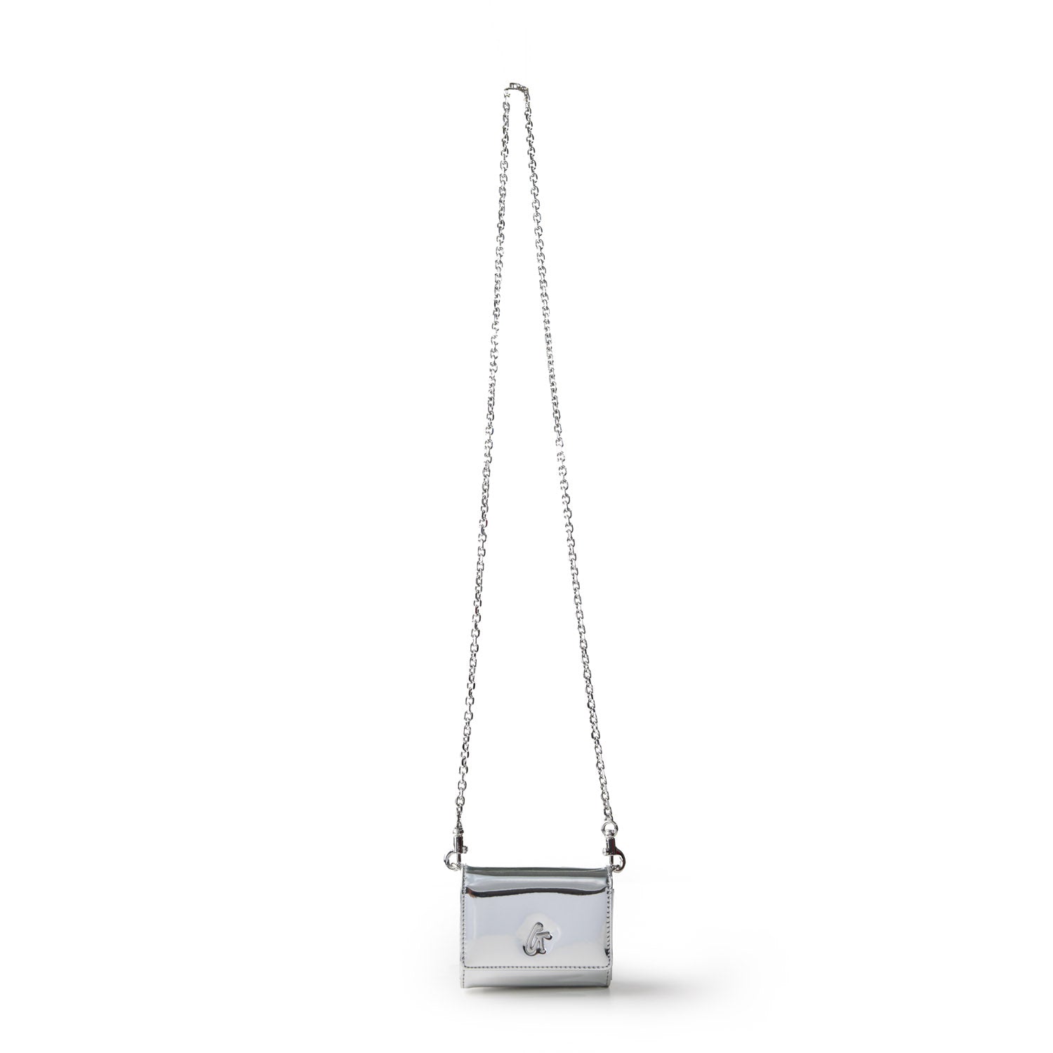 Metallic silver compact shoulder bag with a chain strap and a small logo on the front.