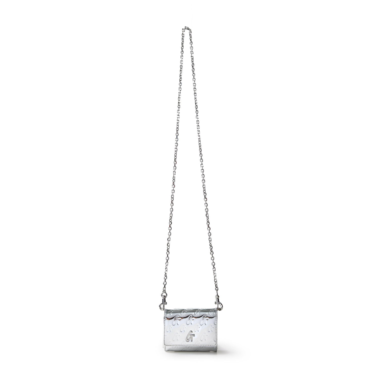 Metallic silver compact wallet with a chain strap featuring a monogram design and embossed logo on the front.