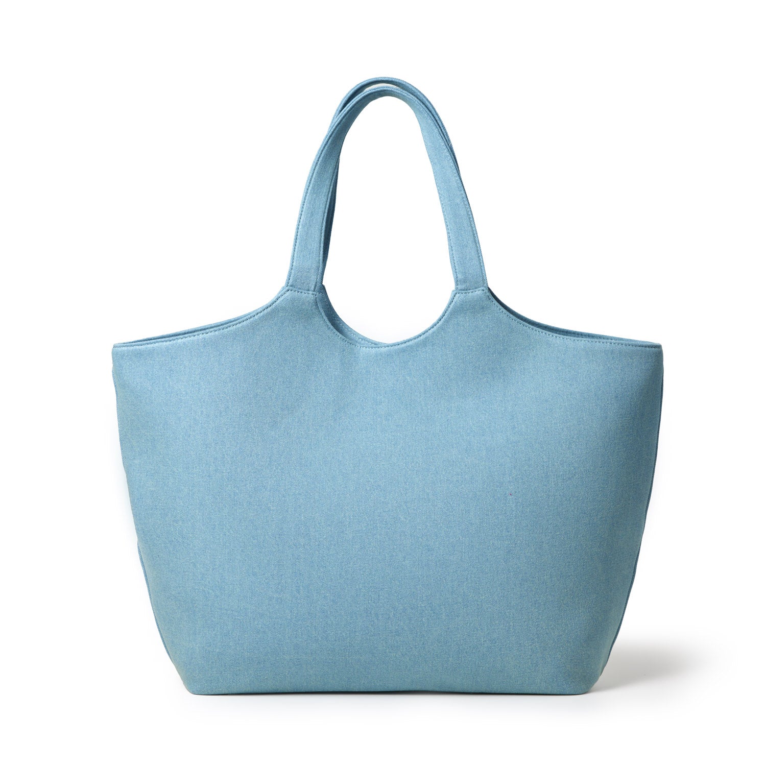 Light blue denim maxi tote bag with rounded handles and a spacious, unstructured design.