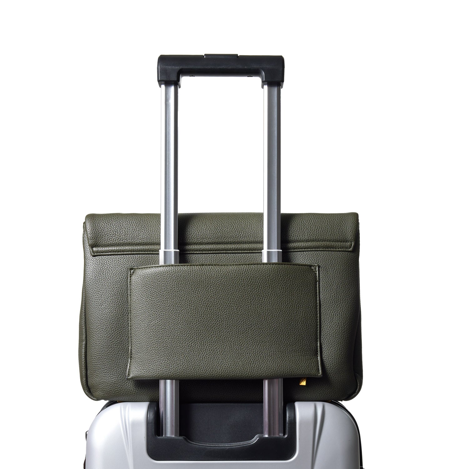 Large olive green pebble flap bag with a front pocket, attached to a silver suitcase handle.