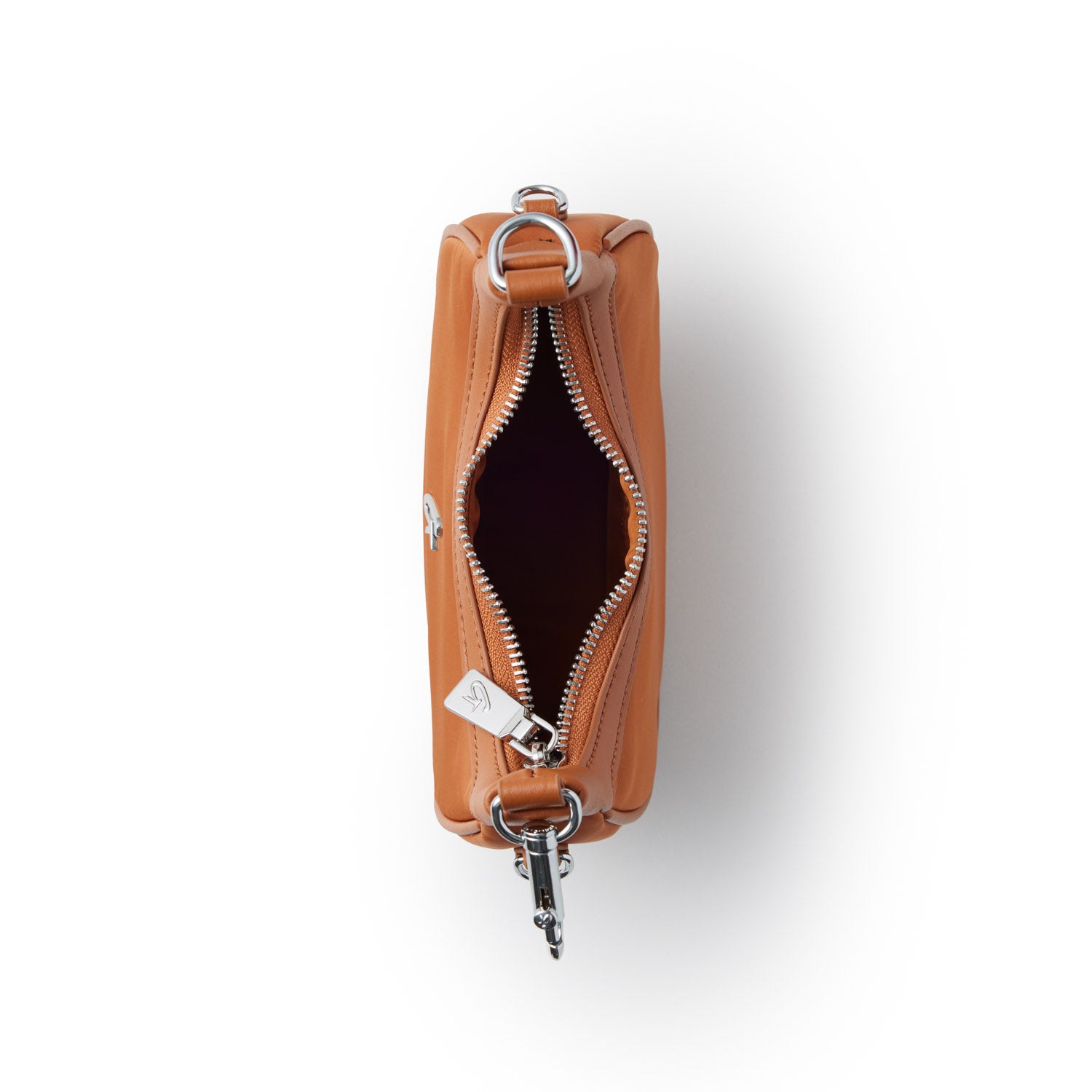 Top view of a brown Nano Nylon Hobo Bag, featuring a zipper closure and silver hardware accents.