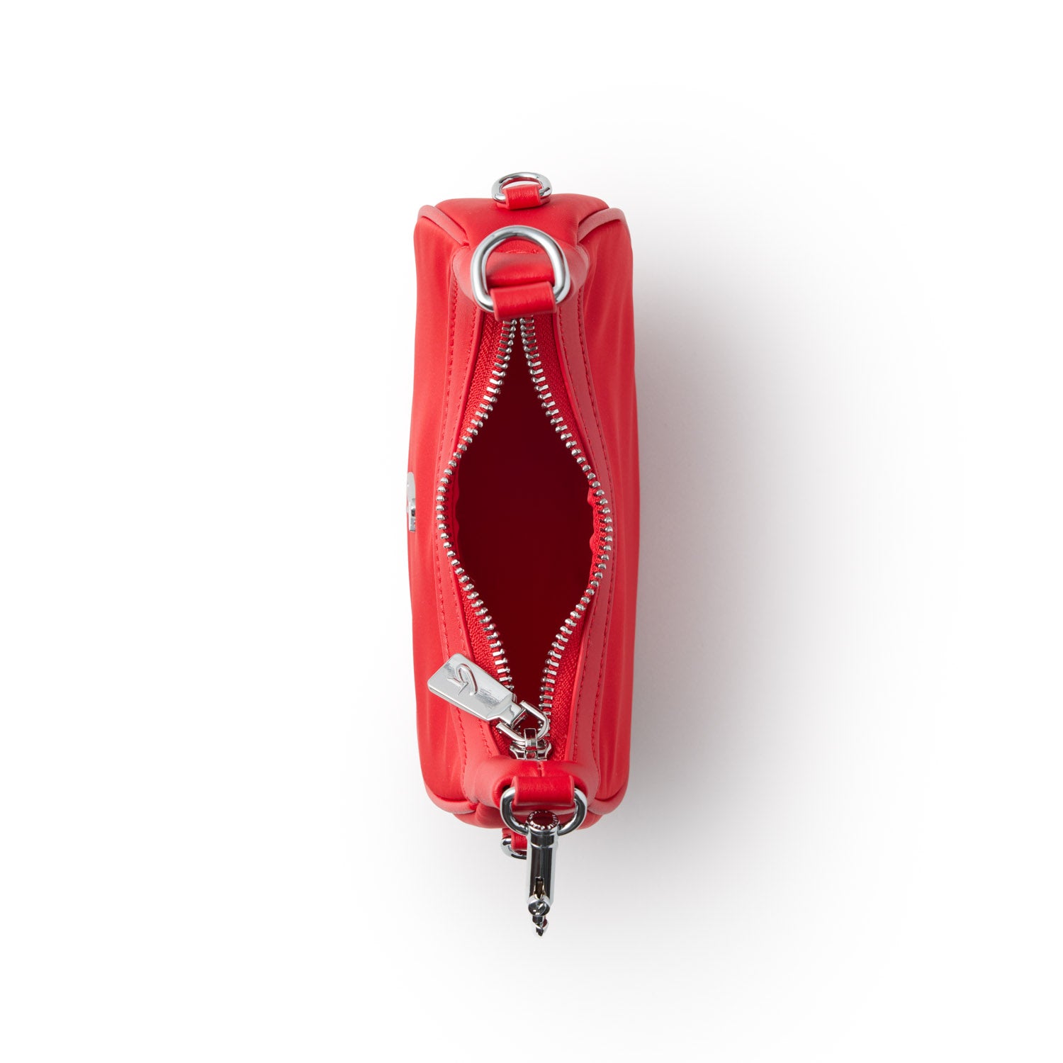 Top view of a red Nano Nylon Hobo Bag with a zippered opening and silver hardware. Ideal for stylish, everyday use.
