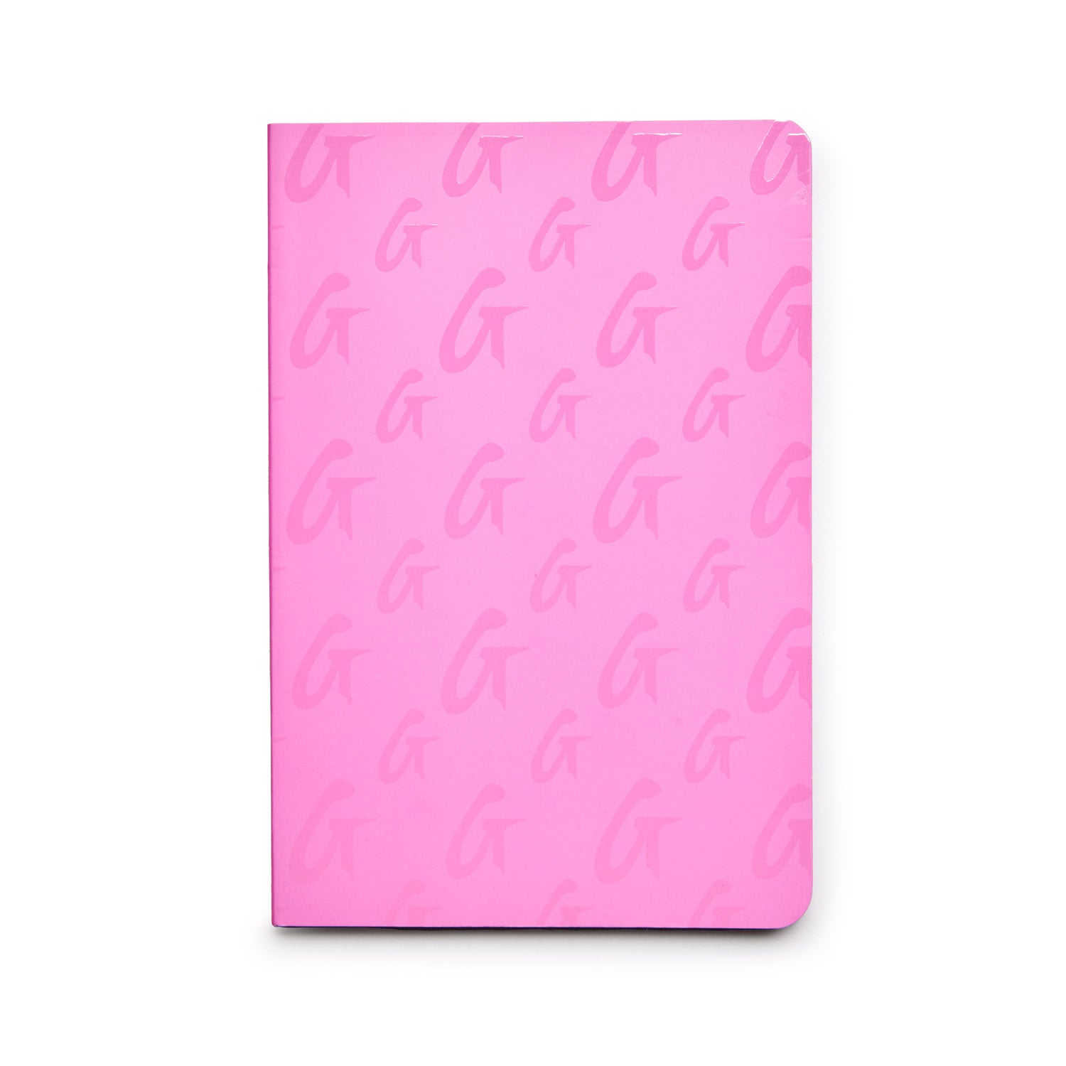 Pink monogram notebook with a repeating "G" pattern, featuring a smooth cover and rounded corners.