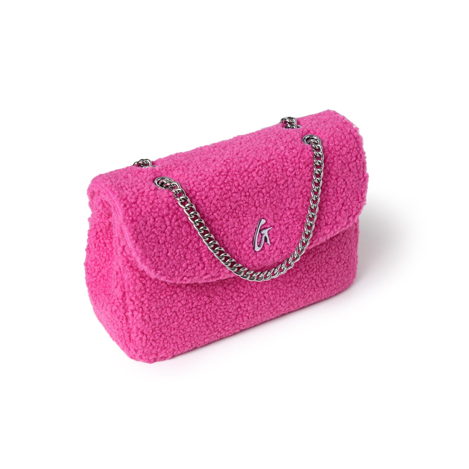 Medium hot pink teddy flap bag with a silver chain strap and a small logo on the front.