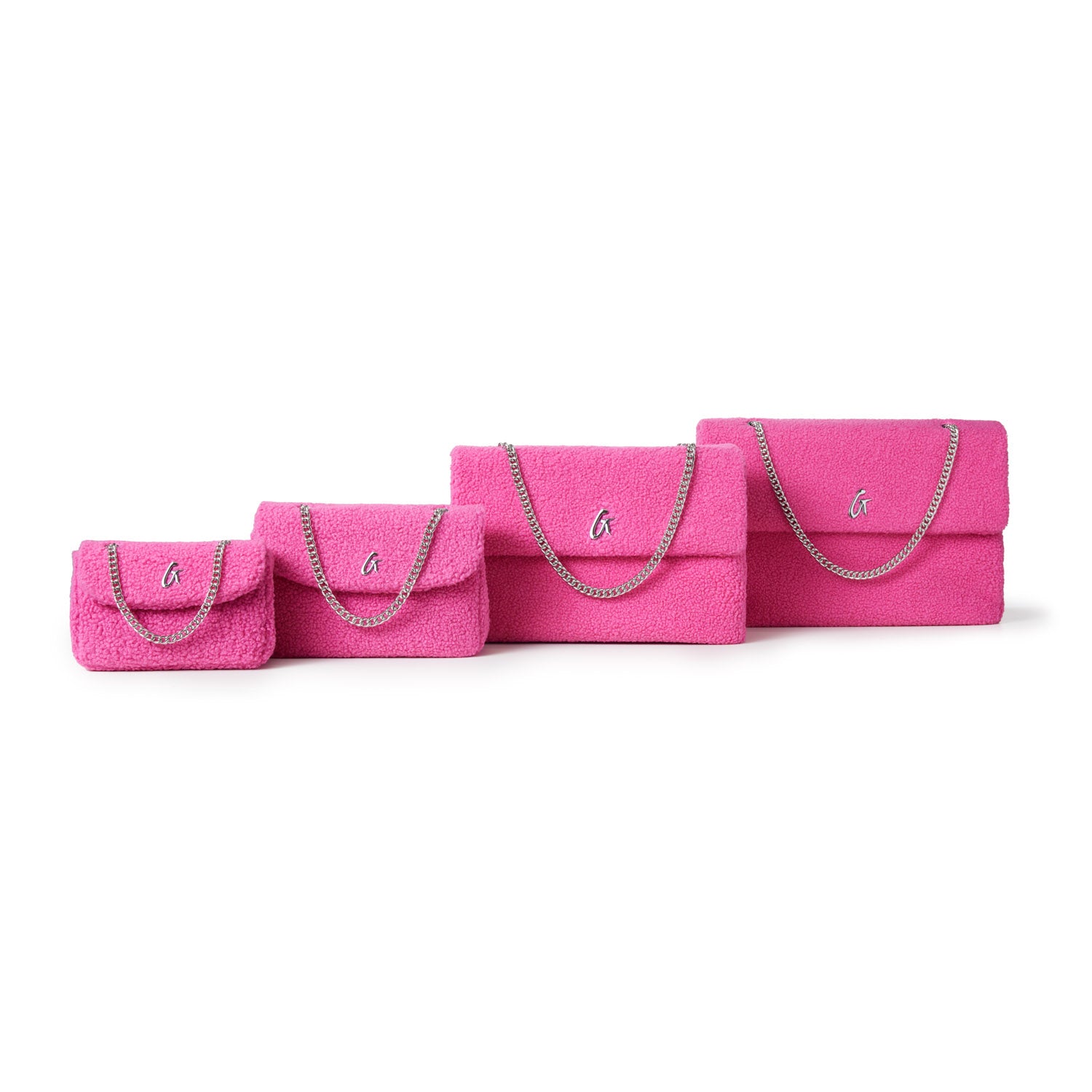 Four pink textured clutch bags in varying sizes with silver chain straps and a small logo, arranged from smallest to largest.
