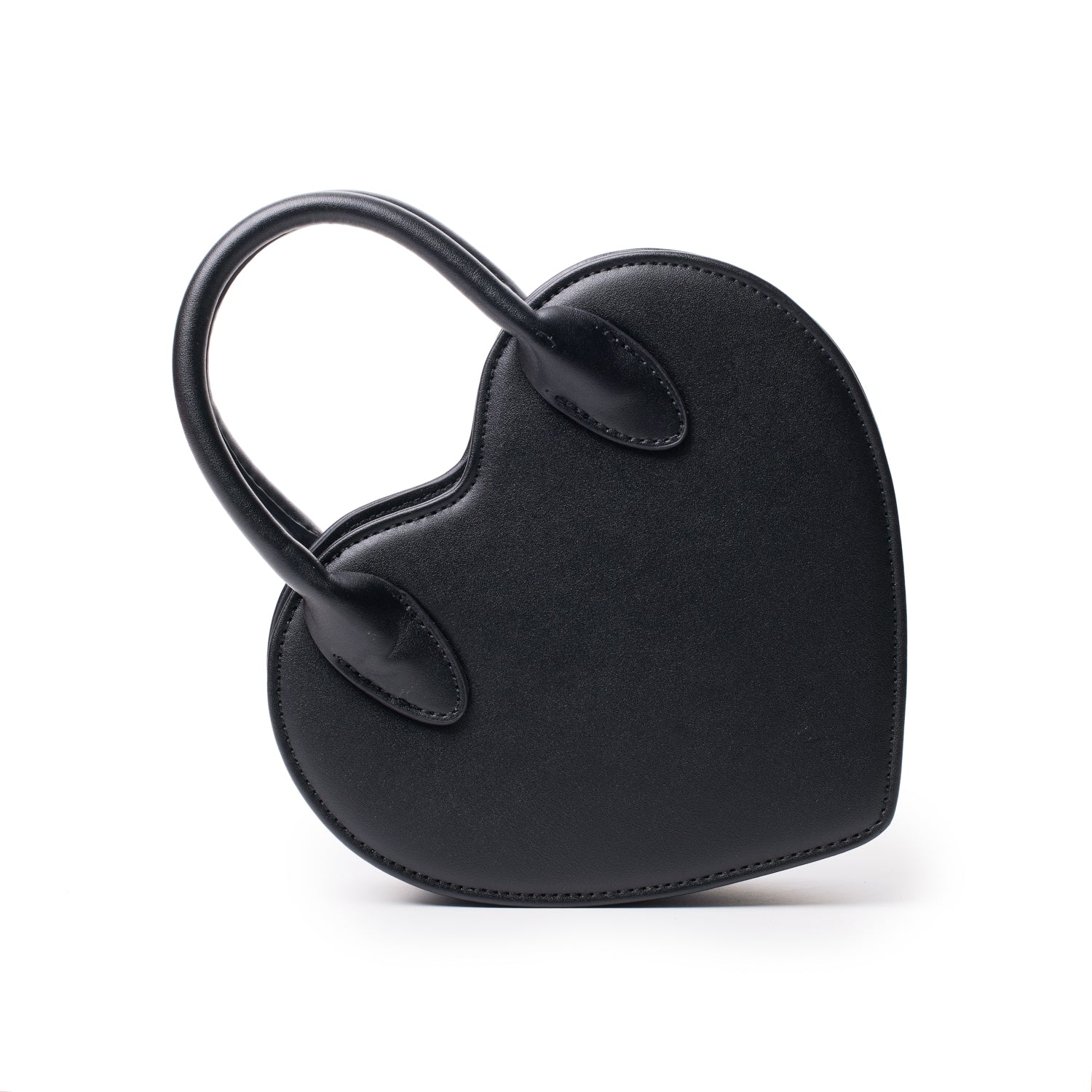 Black heart-shaped bag with rounded handles, smooth leather texture, and minimal stitching, designed for stylish carrying.