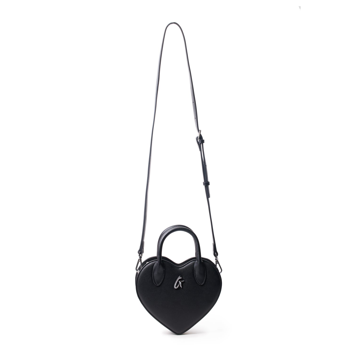 Black heart-shaped bag with a top handle and adjustable shoulder strap, featuring a silver logo on the front.