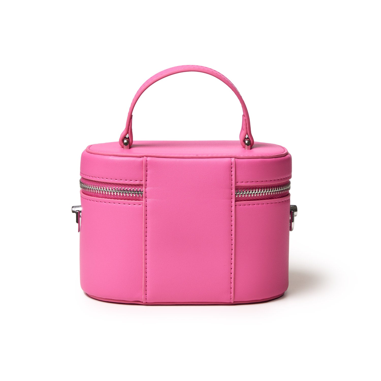 Mini smooth silver vanity bag in hot pink with a top handle, zippered compartments, and sleek, shiny finish.