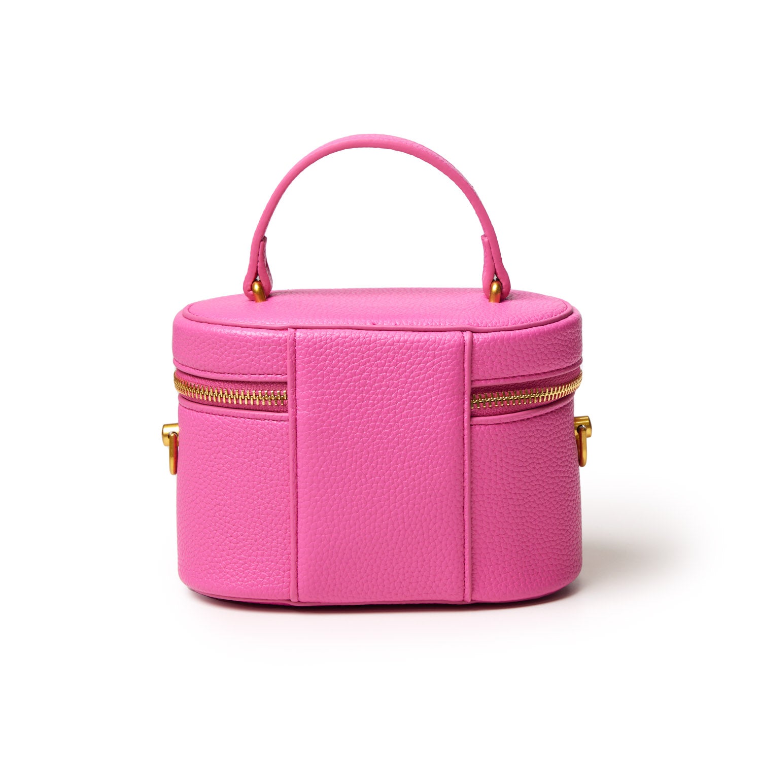 Mini pink pebble leather vanity bag with gold zipper and handle, compact and stylish for travel essentials.