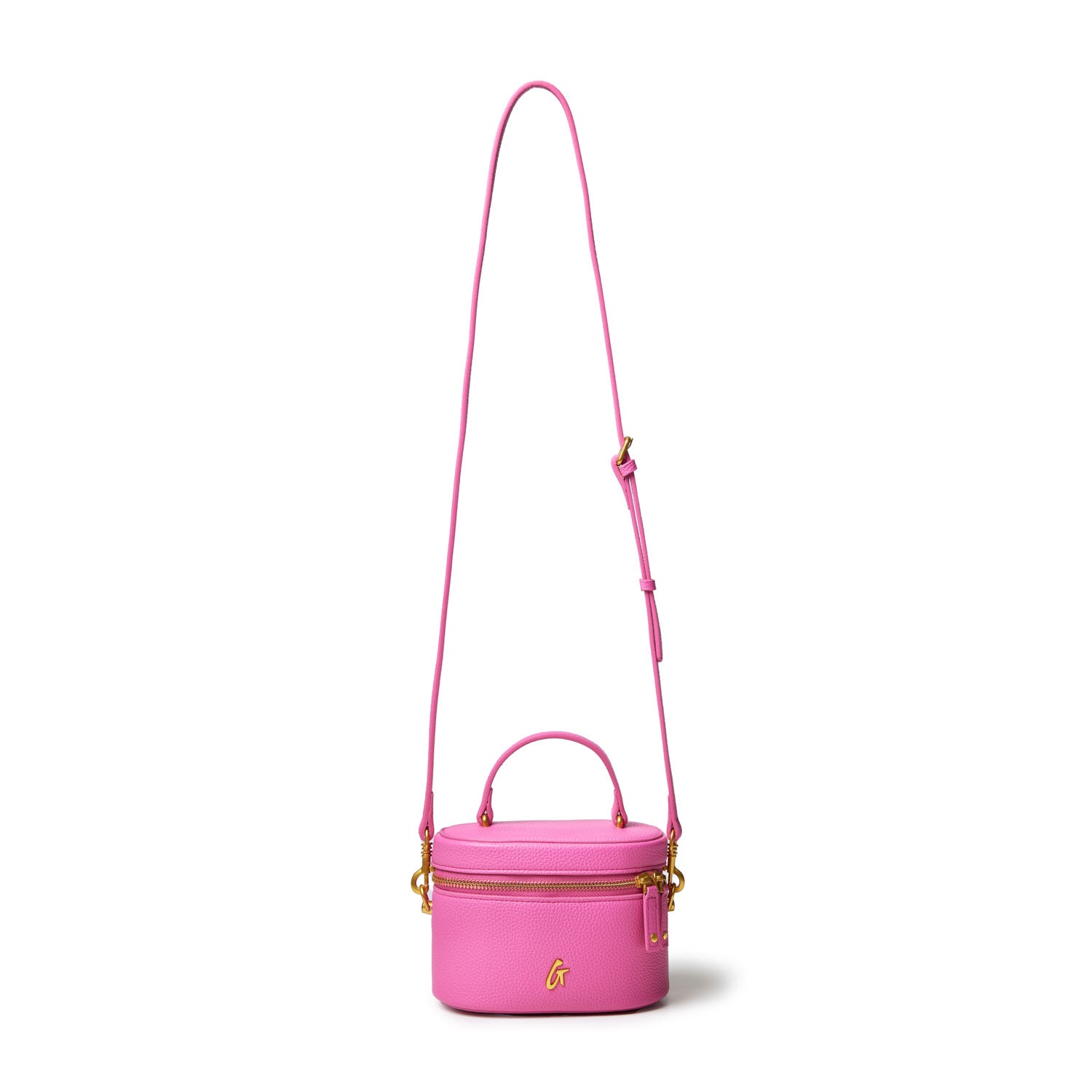 Mini pebble vanity bag in hot pink with gold accents, featuring a top handle, adjustable strap, and zip closure.