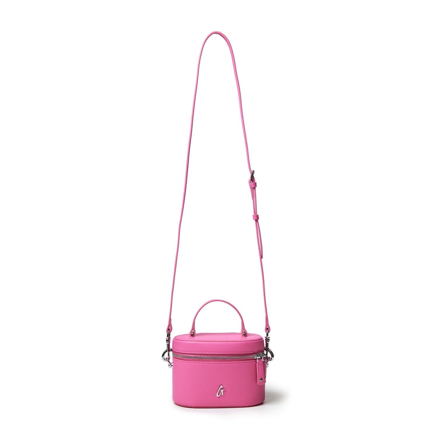 Mini smooth silver vanity bag in hot pink with a top handle, zip closure, and adjustable shoulder strap.