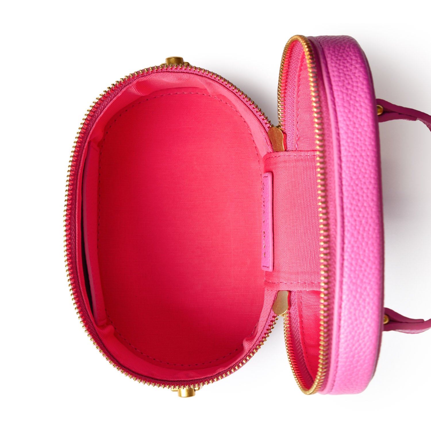 Mini pink pebble vanity bag with a zippered opening, interior pocket, and gold hardware, perfect for cosmetics and accessories.