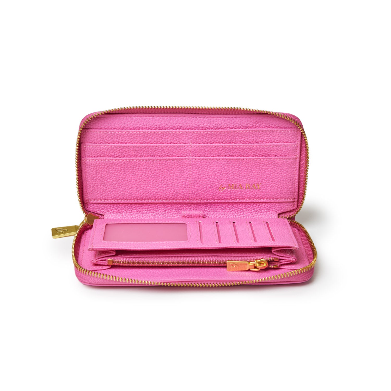 Open pink pebble leather wallet with multiple card slots, a zippered coin pocket, and gold hardware, labeled "MILA RAY.